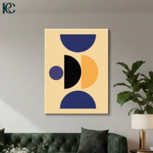 Circle and Arches Wall Art featuring stacked navy blue and black semicircles with a bright yellow curve on a soft beige background.