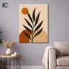 Modern Stylized Brown Leaf with Sun and Circular Shapes Boho Wall Art Vertical boho art print featuring a dark botanical silhouette overlapping a terracotta orange circle and beige arches, depicting a Brown Leaf with Sun and Circular Shapes for modern home decor.