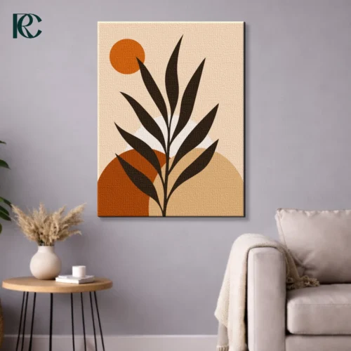 Modern Stylized Brown Leaf with Sun and Circular Shapes Boho Wall Art Vertical boho art print featuring a dark botanical silhouette overlapping a terracotta orange circle and beige arches, depicting a Brown Leaf with Sun and Circular Shapes for modern home decor.