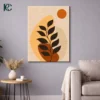 Vertical boho art print showing a dark Brown Leaves Branch with Sun and Curvy Shapes in orange and beige tones, designed for modern home decor.