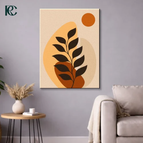 Vertical boho art print showing a dark Brown Leaves Branch with Sun and Curvy Shapes in orange and beige tones, designed for modern home decor.