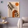 Vertical boho art print featuring Brown Plants with Arches and Sun in a geometric style with black leaves and rust orange shapes for modern wall decor.