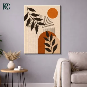 Vertical boho art print featuring Brown Plants with Arches and Sun in a geometric style with black leaves and rust orange shapes for modern wall decor.