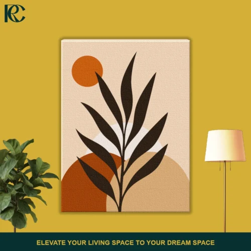 FRONT_MOCKUP Vertical boho art print featuring a dark botanical silhouette overlapping a terracotta orange circle and beige arches, depicting a Brown Leaf with Sun and Circular Shapes for modern home decor.