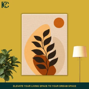 Vertical boho art print showing a dark Brown Leaves Branch with Sun and Curvy Shapes in orange and beige tones, designed for modern home decor.