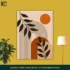 Vertical boho art print featuring Brown Plants with Arches and Sun in a geometric style with black leaves and rust orange shapes for modern wall decor.