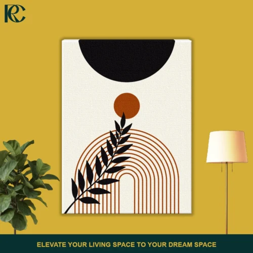 Vertical boho art print displaying Stylish Plant Leaves with Sun and Arches featuring a black branch, rust orange rainbow lines, and geometric shapes on beige.