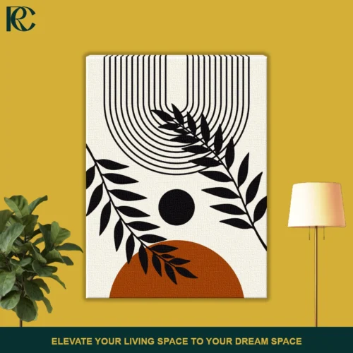 Vertical boho art print featuring Calm Plant Leaves with Arches and Sun with black branches, an inverted striped arch, and a rust orange semi-circle on beige.