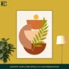 Vertical boho art print featuring Green Plant Leaves with Sun and Semi-circle Blocks with a curved green branch, a yellow circle, and stacked rust and peach geometric shapes on beige.