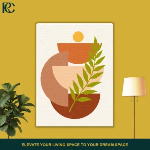 Vertical boho art print featuring Green Plant Leaves with Sun and Semi-circle Blocks with a curved green branch, a yellow circle, and stacked rust and peach geometric shapes on beige.