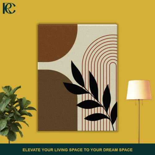 FRONT_MOCKUP Vertical boho art print featuring Plant Leaves with Arches and Shape Blocks with a black diagonal branch, a rust striped arch, and brown abstract curves on beige.