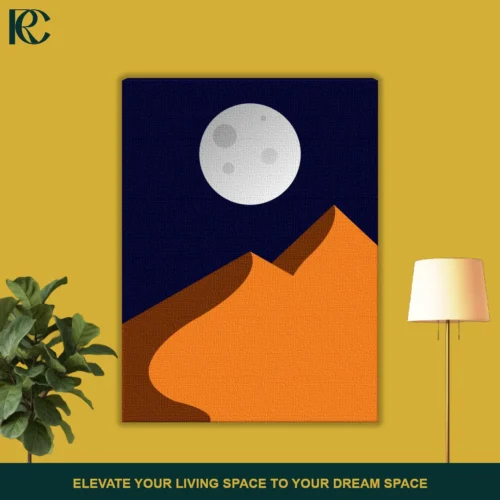Minimalist Desert Night wall art showing a large grey full moon rising over sharp orange sand dunes against a dark blue sky.