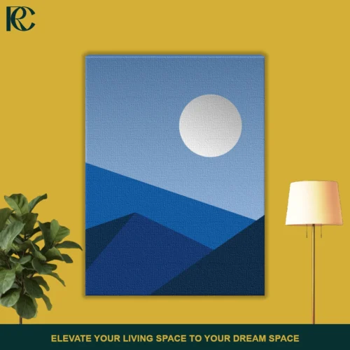 Minimalist Blue Wall Art featuring a large grey moon rising above layered geometric mountains in shades of navy and sky blue.