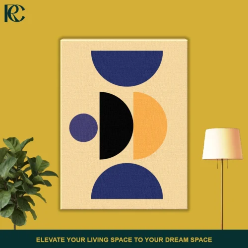 Circle and Arches Wall Art featuring stacked navy blue and black semicircles with a bright yellow curve on a soft beige background.