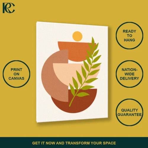 Simple Green Plant Leaves with Sun and Semi-circle Blocks Boho Wall Art