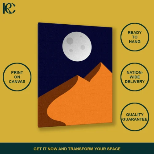 Minimalist Desert Night wall art showing a large grey full moon rising over sharp orange sand dunes against a dark blue sky.