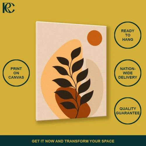 Modern Boho Brown Leaves Branch with Sun and Curvy Shapes Wall Art