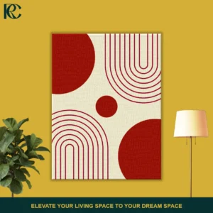 Minimalist wall art with maroon circles and warm arch lines on a cream background.