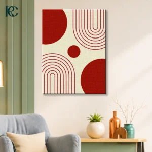 Maroon Circle with Arch Lines minimalist wall art featuring bold maroon circles, curved arch line patterns, and a soft cream background.