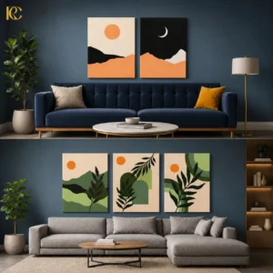 Modern living room with abstract mountain art above a navy sofa and a minimalist living room with abstract plant art above a grey sectional.