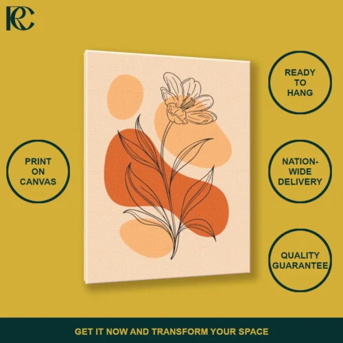 Flower Illustration Wall Art Frame View Boho wall art featuring a line drawing of a simple plant with leaves and abstract orange and beige shape blocks.