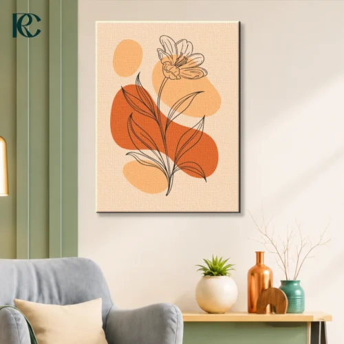 Flower Illustration Wall Art Mockup Minimalist Flower Illustration Wall Art featuring a delicate black line flower with flowing leaves over warm abstract shapes in beige and orange tones, framed canvas print for modern home decor.