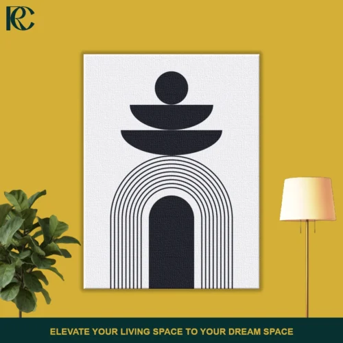 Minimalist black arch and stacked circle abstract art on canvas.