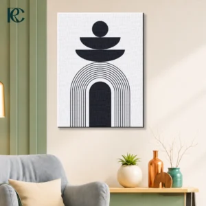 Minimalist abstract canvas wall art featuring stacked geometric shapes and a black arch with rainbow lines.