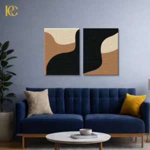 Minimalist set of 2 abstract wall art pieces featuring black and brown curved shapes.