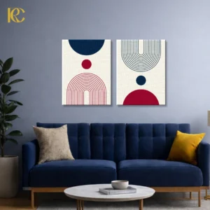 Minimalist navy and maroon semi circles with arches wall art set.