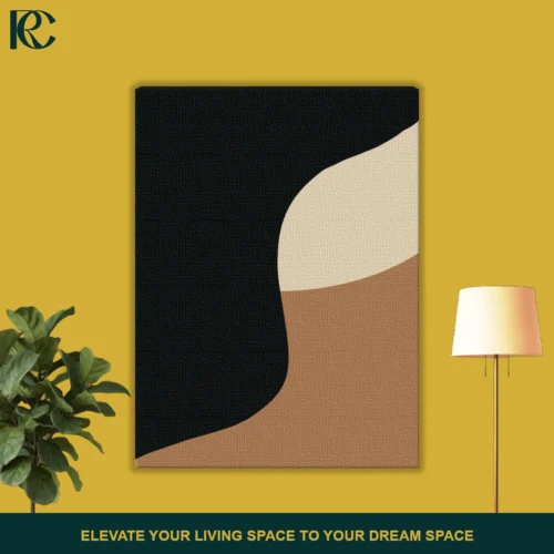 Abstract black and tan curved wall art, part of a minimalist set.
