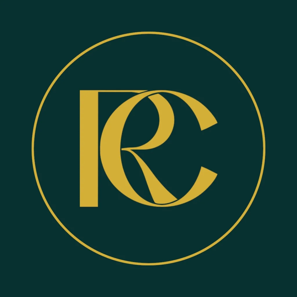 Gold RC monogram logo on a dark teal background