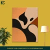 Abstract wall art with black, brown, and orange wavy shapes on a yellow background.