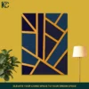 Abstract navy blue and teal geometric art with gold lines on a yellow background.