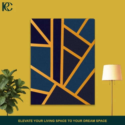 Abstract navy blue and teal geometric art with gold lines on a yellow background.