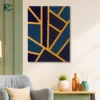 Abstract navy blue wall art with irregular golden lines and white geometric blocks.