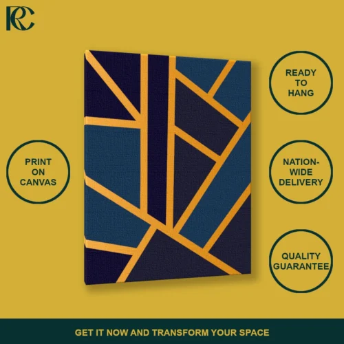 Abstract navy blue and dark navy irregular blocks with golden lines on canvas wall art.