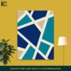 Abstract geometric wall art with irregular blocks in blue, teal, and beige on a yellow background.
