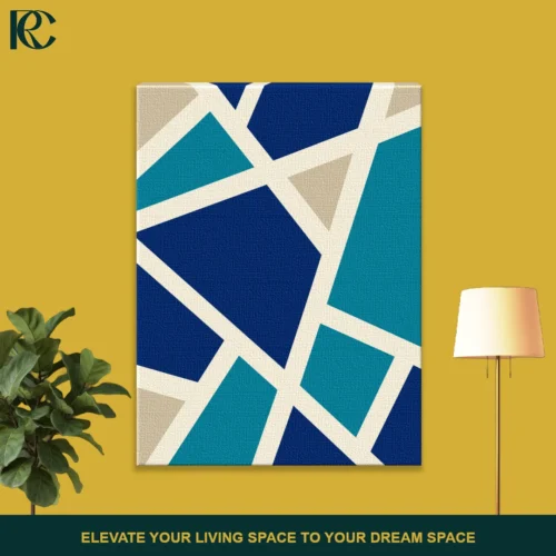 Abstract geometric wall art with irregular blocks in blue, teal, and beige on a yellow background.