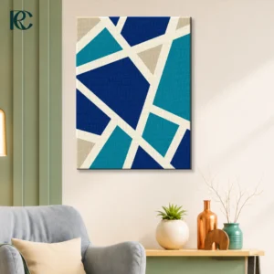 Abstract White Blue Geometric Irregular Blocks Wall Art Room Mockup Image Abstract wall art with irregular geometric blocks in shades of blue, teal, and beige.