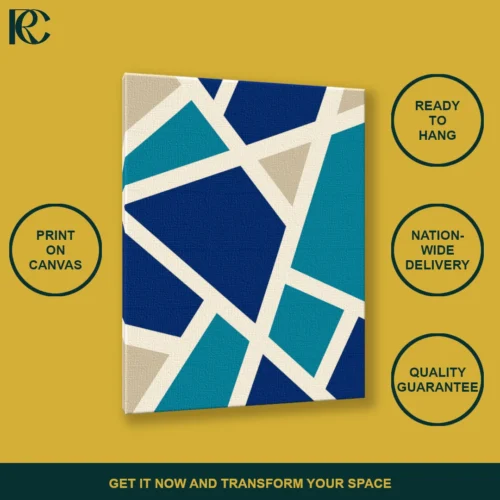 Abstract geometric canvas wall art with irregular blocks of blue, teal, and beige.