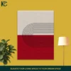 Modern geometric wall art with red and cream panels and black arch lines.