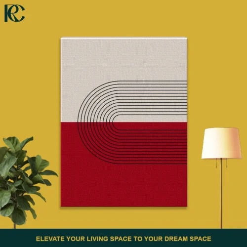 Modern geometric wall art with red and cream panels and black arch lines.
