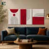 Set of 3 minimalist wall art prints with red and cream geometric arch lines and circles.