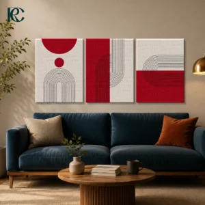 Minimalist Arch Lines Curves With Circles On Red Cream Set Of 3 Wall Art Room Mockup Image Set of 3 minimalist wall art prints with red and cream geometric arch lines and circles.