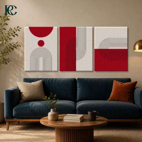 Set of 3 minimalist wall art prints with red and cream geometric arch lines and circles.