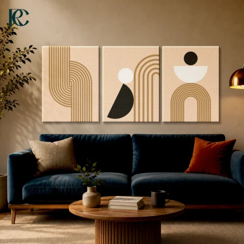 Minimalist Calm Beige Brown Arches With Simple Circles Set Of 3 Wall Art Room Mockup Image Minimalist calm beige & brown arches with simple circles set of 3 wall art