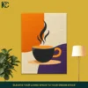 Minimalist black coffee mug with orange accents and steam, on a vibrant colorful background wall art.