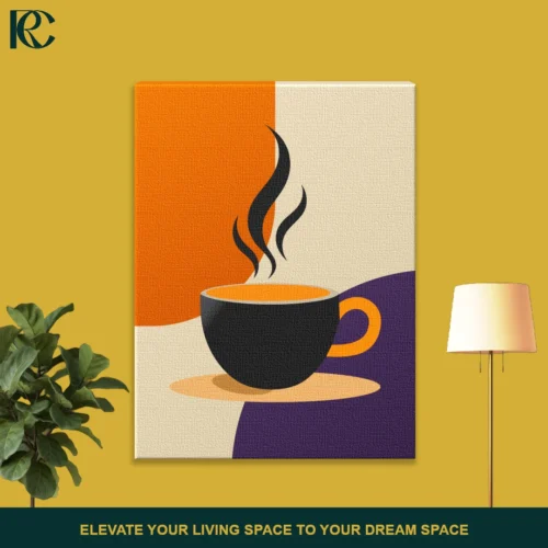 Minimalist black coffee mug with orange accents and steam, on a vibrant colorful background wall art.