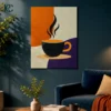 Minimalist coffee mug with steam on a vibrant, colorful background, abstract wall art.